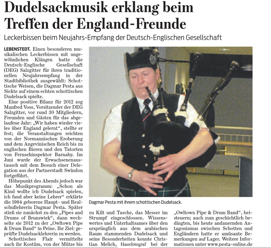 Bagpiper Dagmar Pesta at the German-English Community in Salzgitter