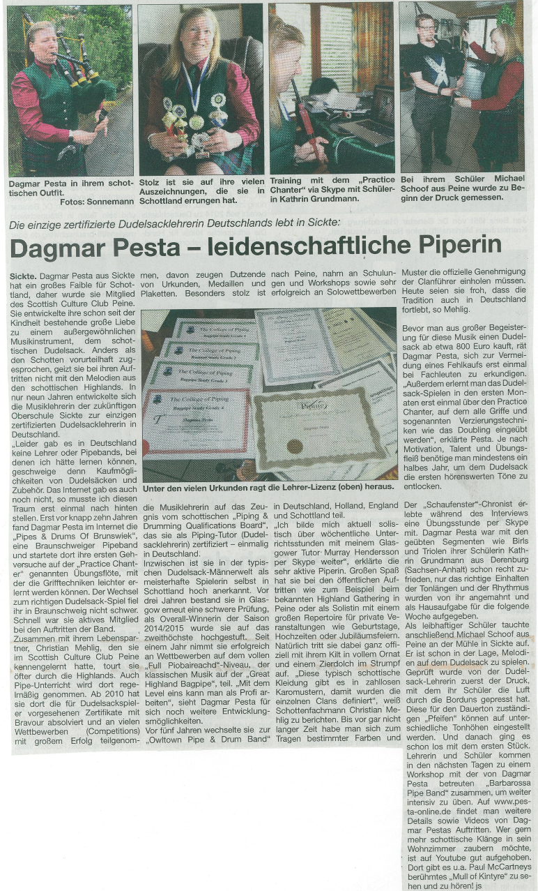 Bagpipe Teacher Dagmar Pesta in the newspaper 'Wolfenbuetteler Schaudfenster'