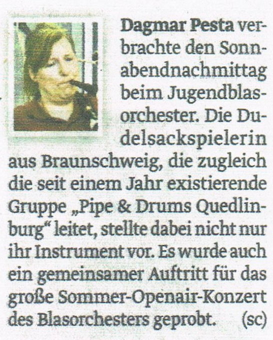 Bagpiper Dagmar Pesta practices with the Youth Brass Orchestra in Halberstadt